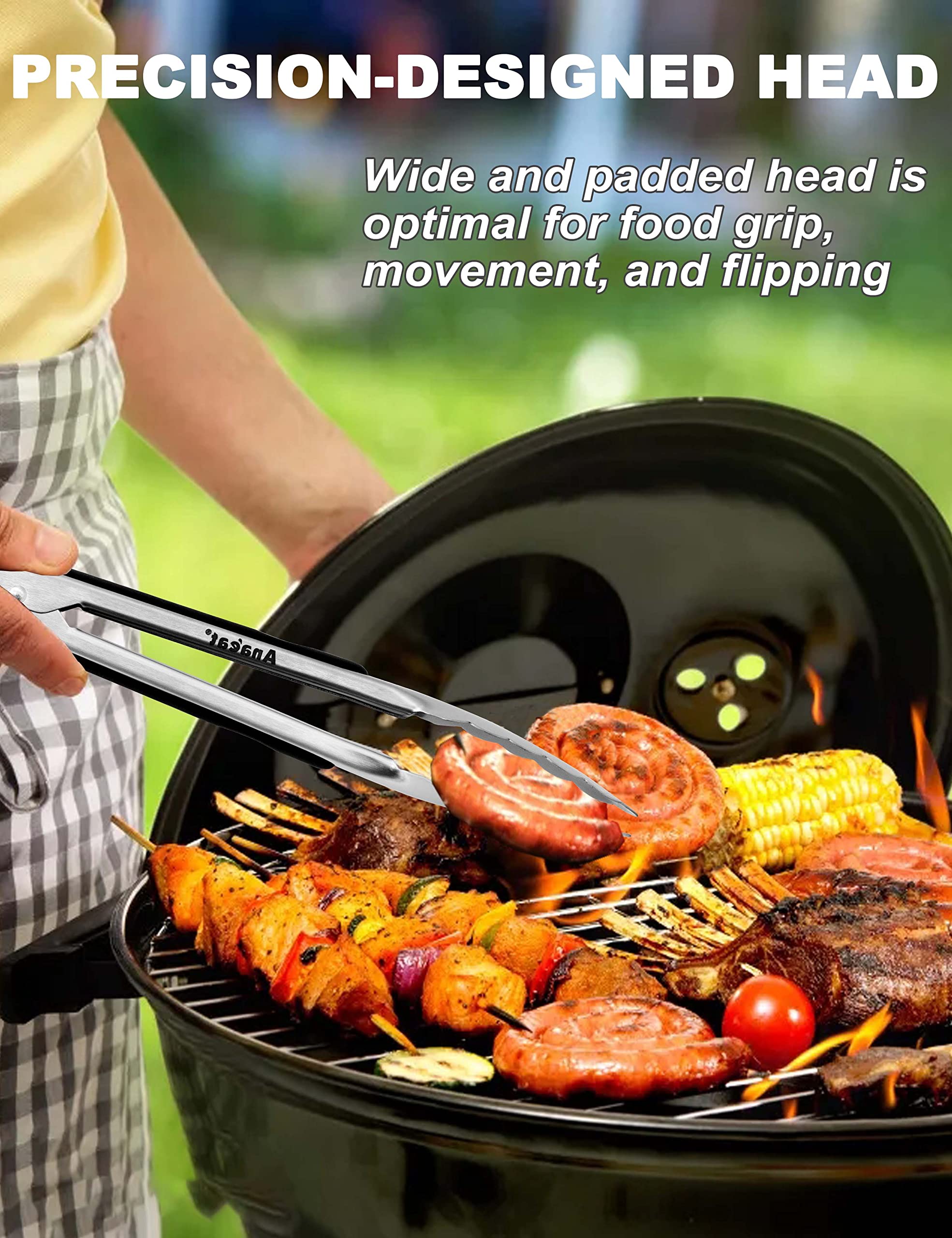 Pull-ring lock keeps tongs closed for safe storage and easy retrieval.
