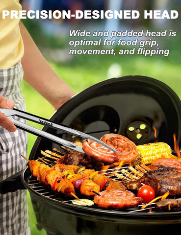 Pull-ring lock keeps tongs closed for safe storage and easy retrieval.