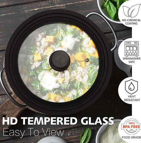 Anaeat universal lid shows heat-resistant silicone rim protecting glass during cooking