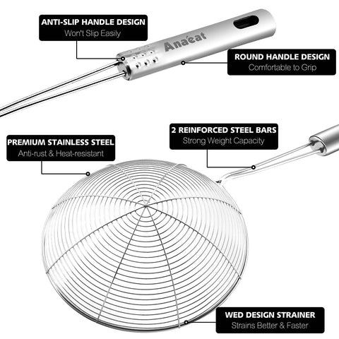 Anaeat spider skimmer long handle: reduces splashes during frying.