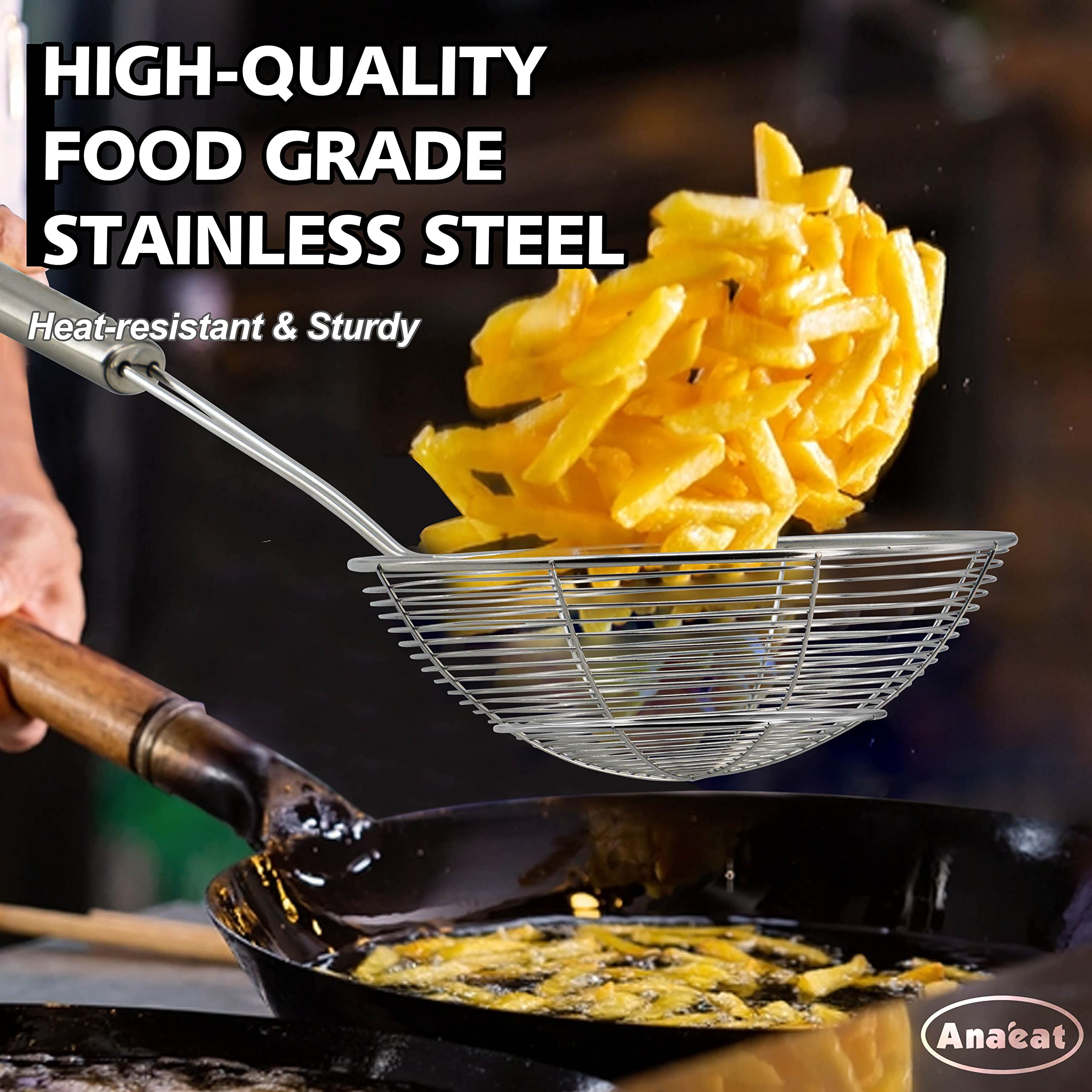 Anaeat long-handle skimmer designed to minimize hot splashes