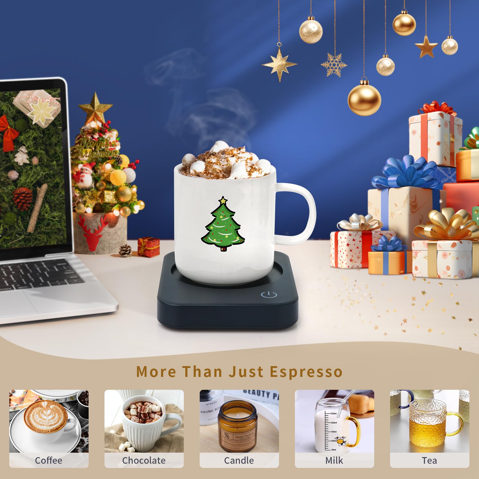 Anbanglin mug warmer on a tidy desk keeps tea at the perfect sip-ready temperature