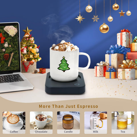 Anbanglin mug warmer on a tidy desk keeps tea at the perfect sip-ready temperature