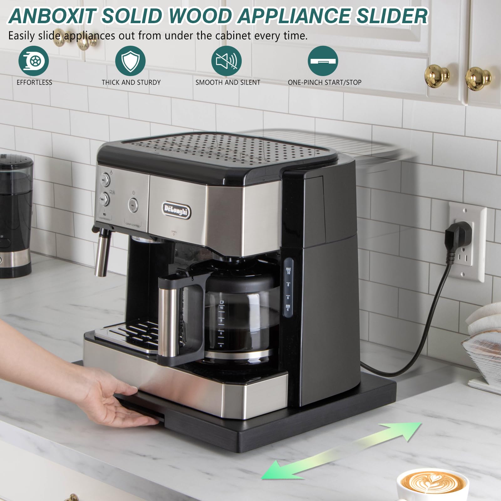 ANBOXIT wooden-tray wheels closeup shows quiet, scratch-free countertop slides.