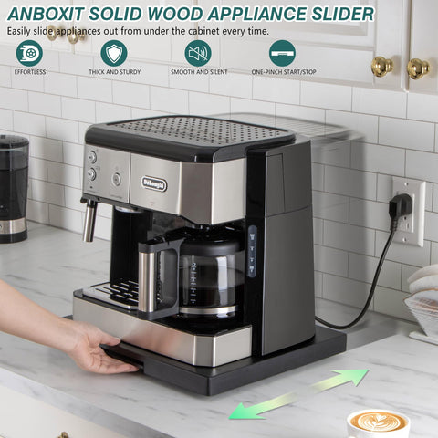 ANBOXIT wooden-tray wheels closeup shows quiet, scratch-free countertop slides.