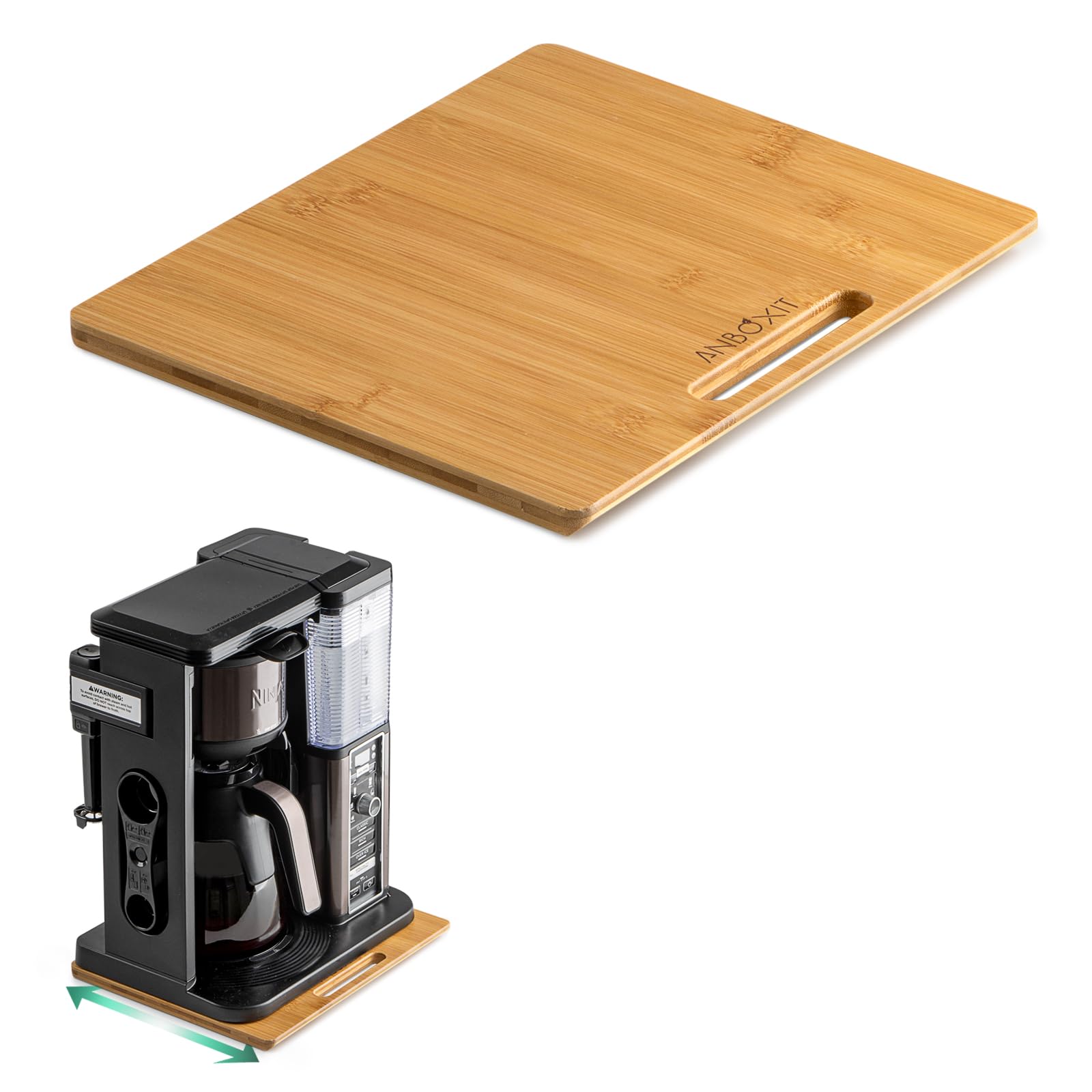 ANBOXIT Bamboo Appliance Slider front view shows smooth glide for countertops.
