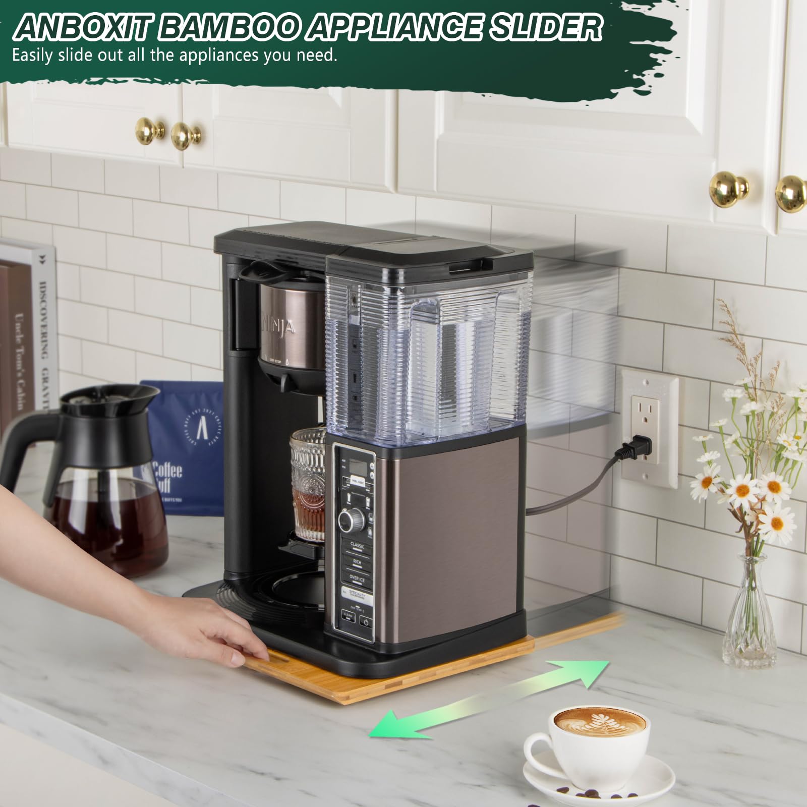 ANBOXIT Bamboo Appliance Slider side view shows quiet, effortless movement on rubber wheels.