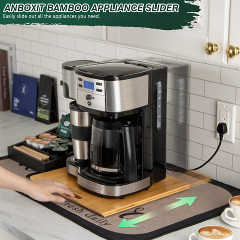ANBOXIT bamboo appliance slider side view shows smooth glide and quiet operation