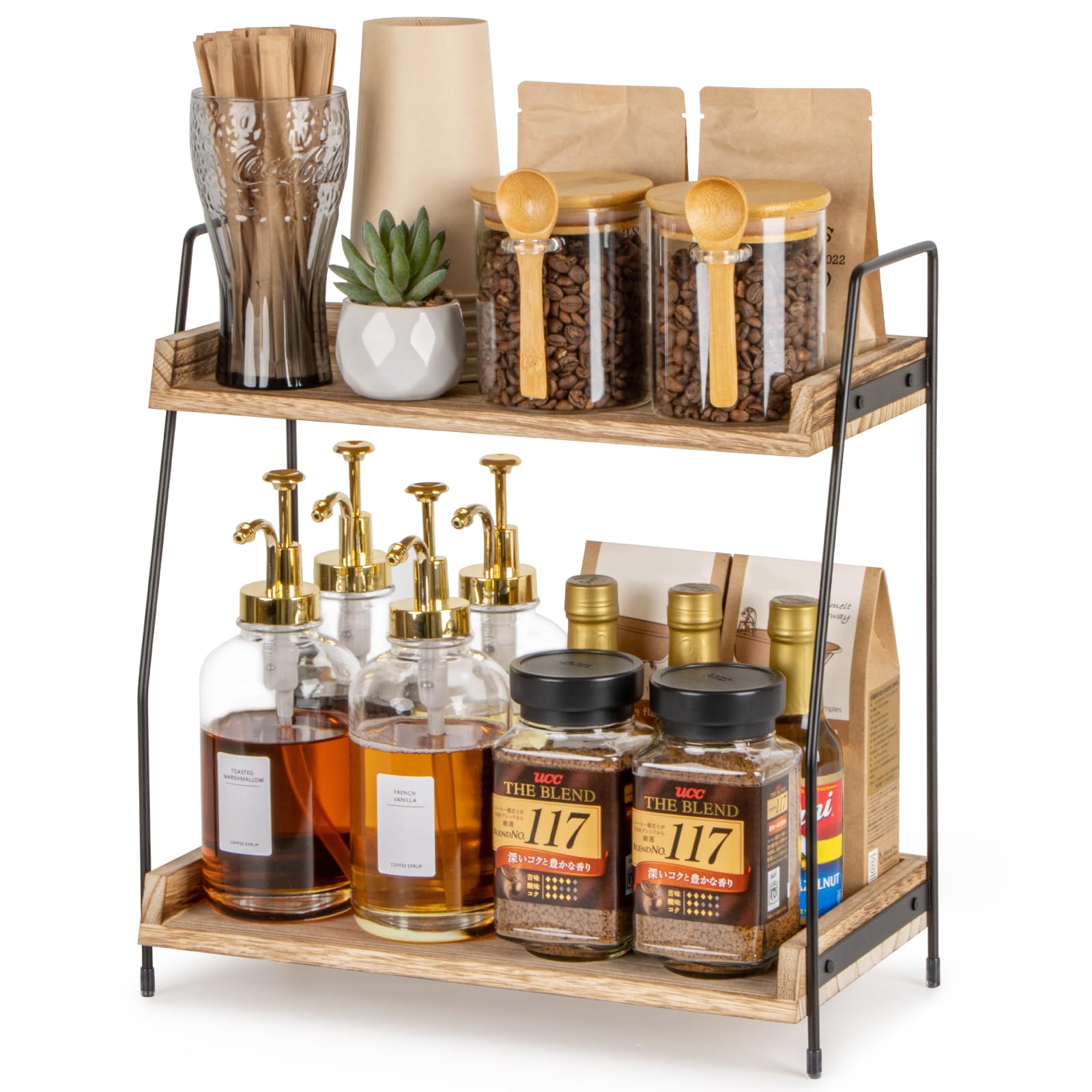 ANBOXIT coffee station 2-tier wooden shelf organizes beans and cups with rustic-industrial charm
