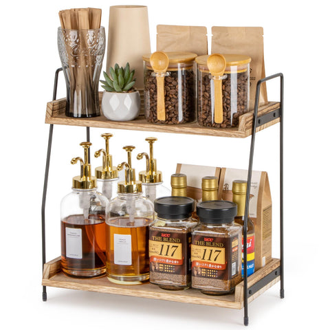 ANBOXIT coffee station 2-tier wooden shelf organizes beans and cups with rustic-industrial charm