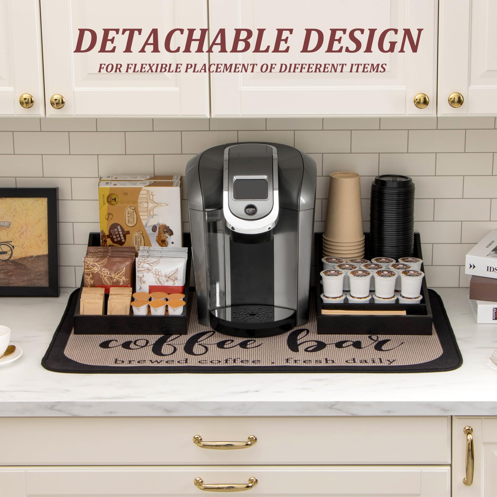 ANBOXIT Coffee Station Organizer in black wooden finish adds rustic charm while organizing essentials