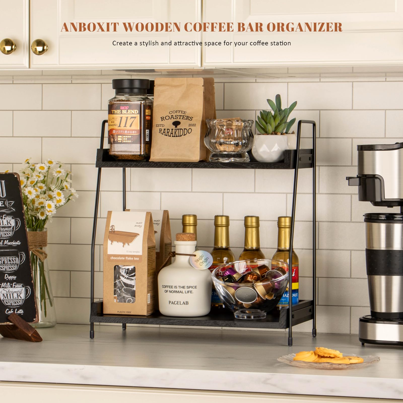ANBOXIT wooden counter shelf in black finish keeping cups and syrups organized.