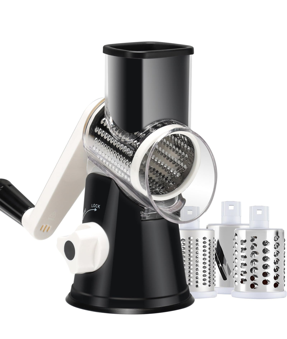 Ancevsk cheese grater hand crank black front view with suction base for safe shredding