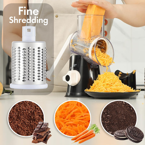 Ancevsk hand crank grater black with handle in action on cheese and vegetables
