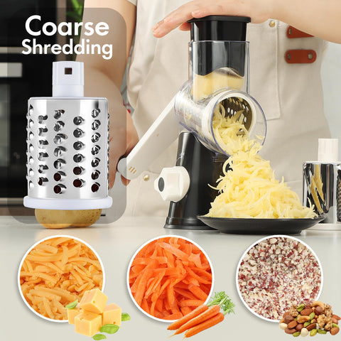 Ancevsk cheese grater hand crank black side angle showing three blades for versatile shredding