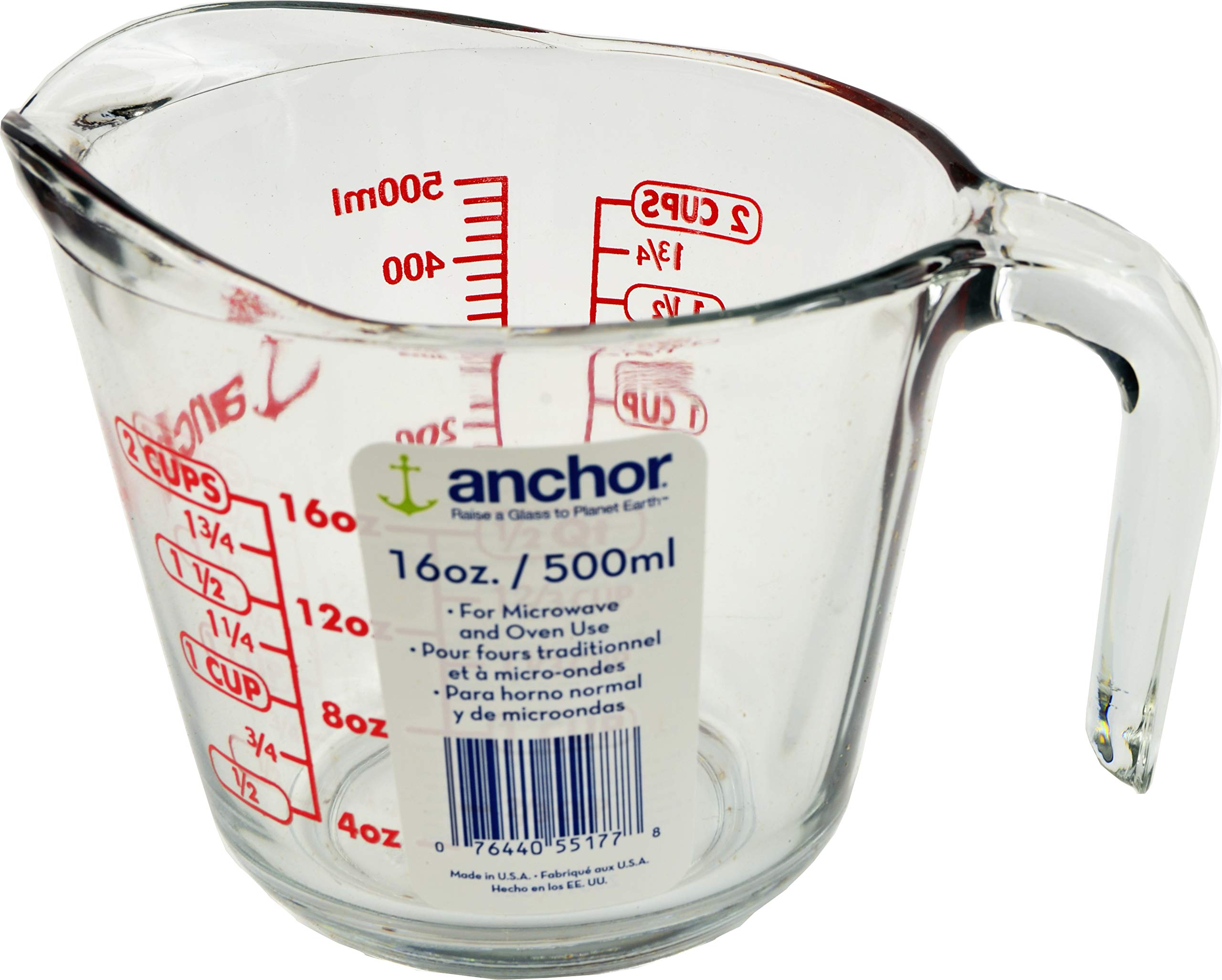 Anchor Hocking 2 Cup measuring cup in clear glass with red markings for precise recipes.