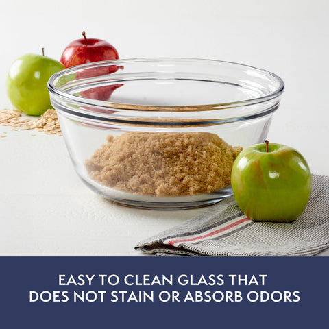 Anchor Hocking round mixing bowl in clear glass highlighting clean, non-reactive mixing for ingredients