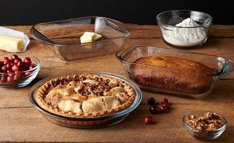 Anchor Hocking bakeware set on a kitchen counter ready for reheating meals.
