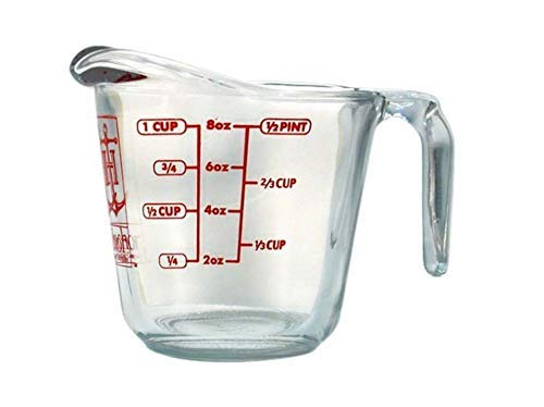 Anchor Hocking decorated measuring cup with open handle nest for compact storage