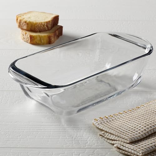 Anchor Hocking glass loaf pans stacked on a counter to save space.