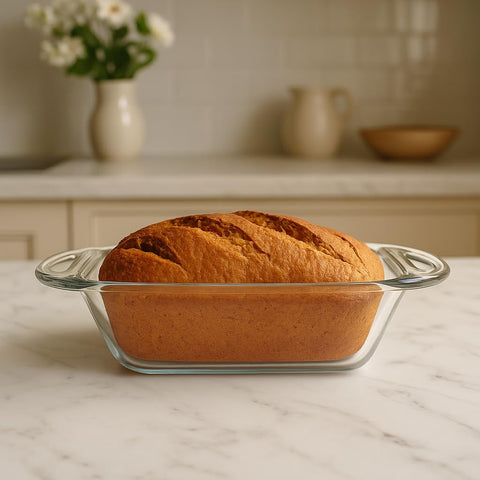 Anchor Hocking loaf dish with clear sides - visibility for browning.
