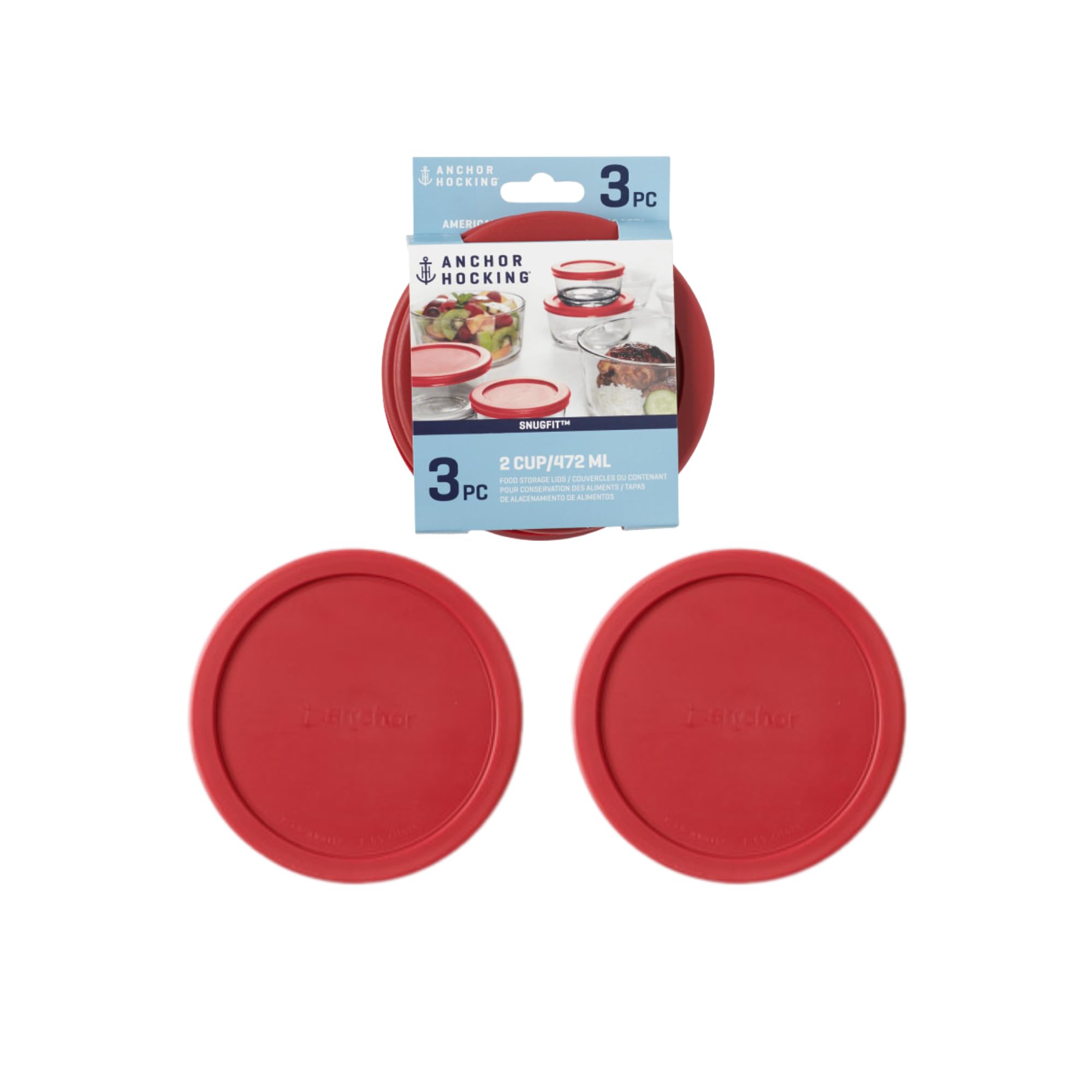 Anchor Hocking snugfit 2-cup round red lid keeps leftovers sealed in the fridge.