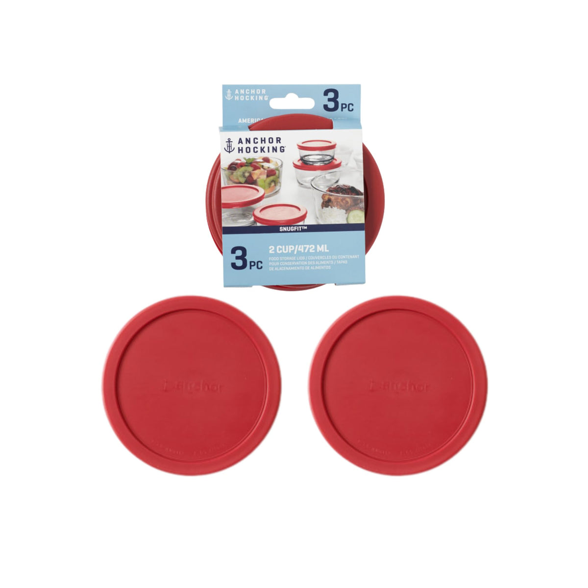 Anchor Hocking snugfit 2-cup round red lid keeps leftovers sealed in the fridge.