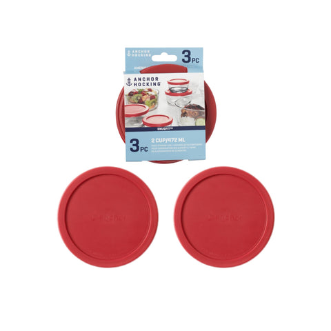 Anchor Hocking snugfit 2-cup round red lid keeps leftovers sealed in the fridge.