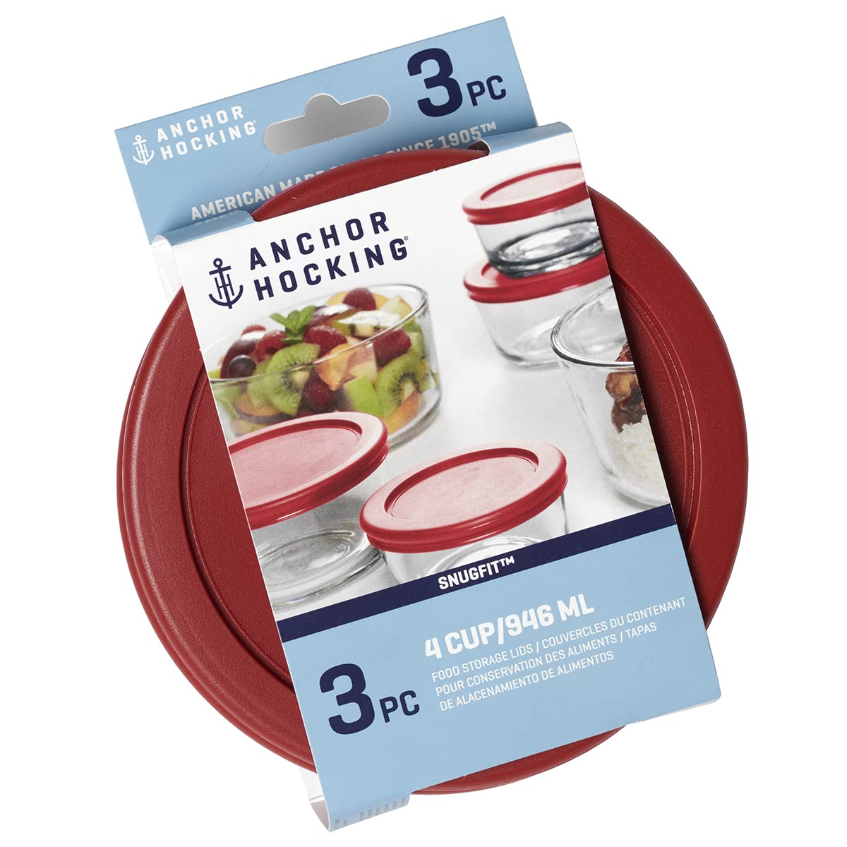 Anchor Hocking replacement lids for 4-cup round containers with a secure snap.