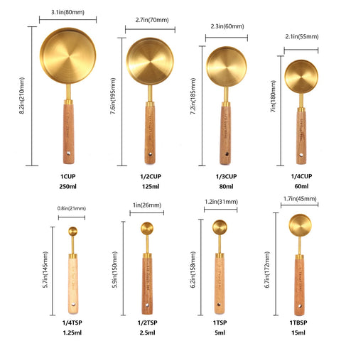 Andgeloo gold measuring cups with wood handles for half cup measurement and quick prep