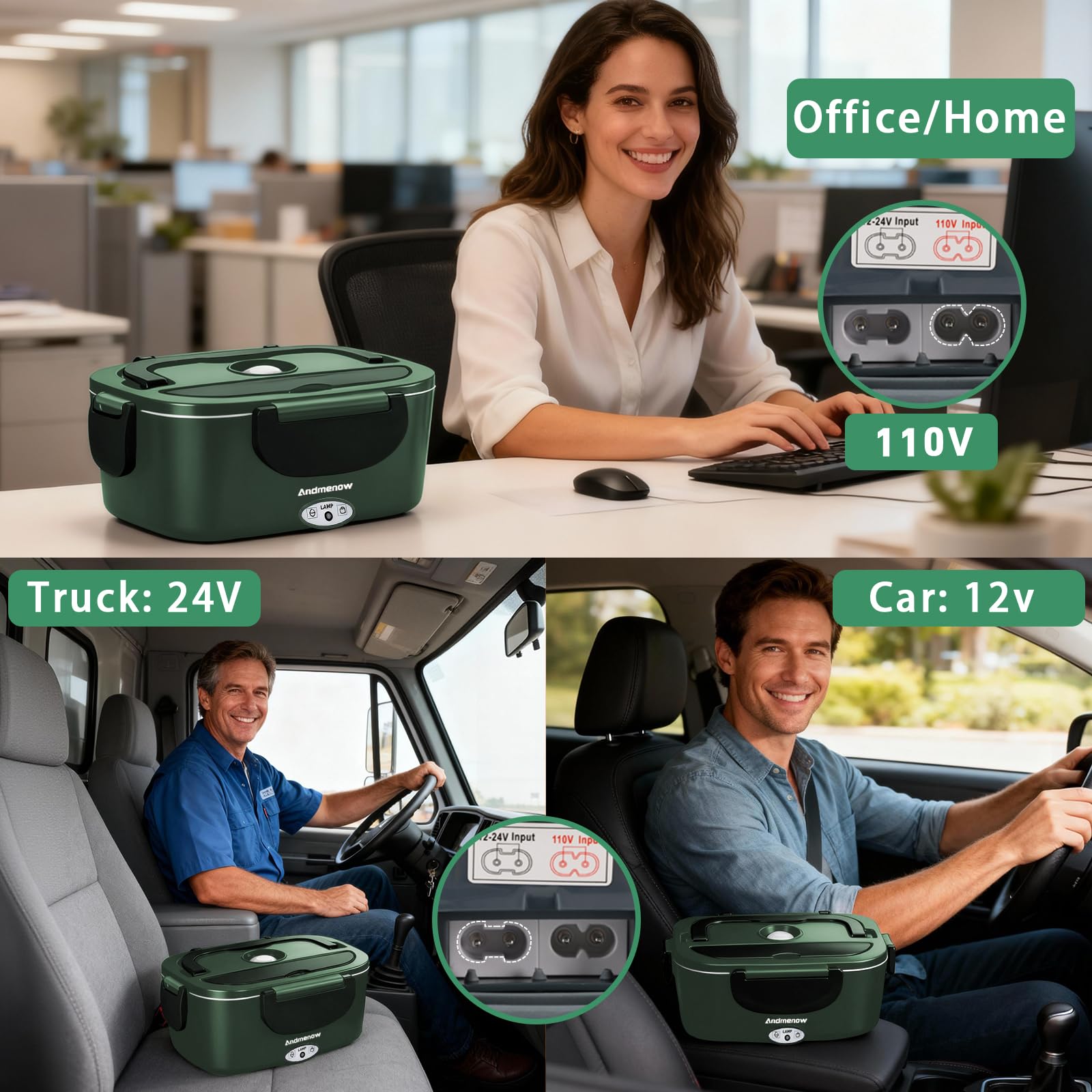 Andmenow dual-plug design supports car and home use for meals.