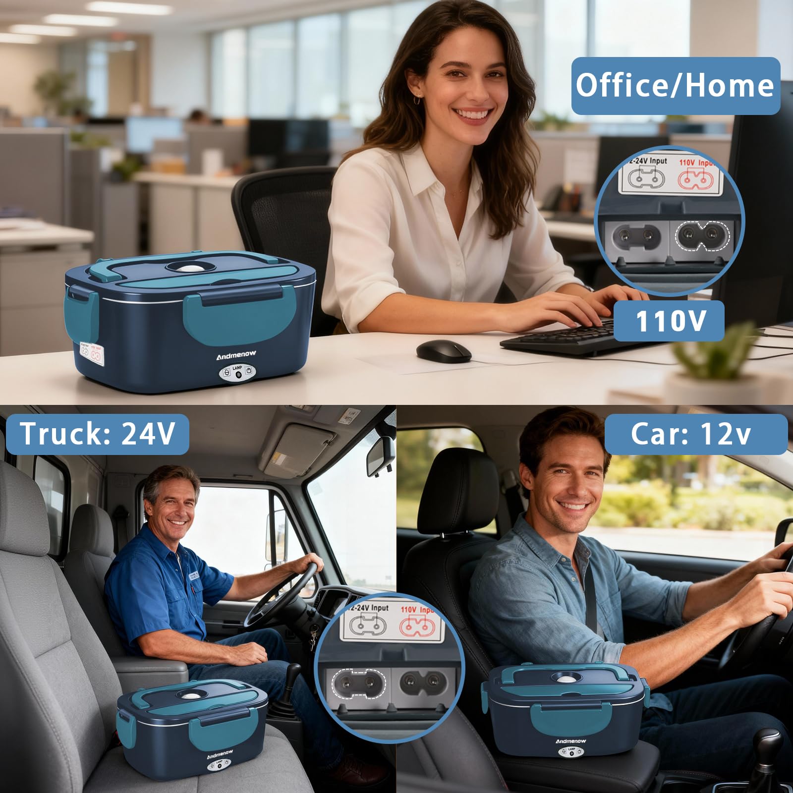 Andmenow heated lunch box in car use demonstrates 12V compatibility for on-the-go meals.