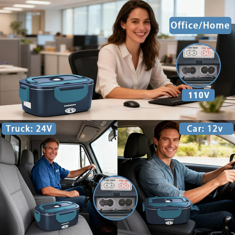 Andmenow heated lunch box in car use demonstrates 12V compatibility for on-the-go meals.