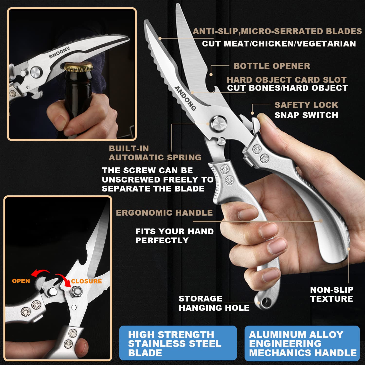 Andong kitchen scissors featuring safety lock for one-handed use