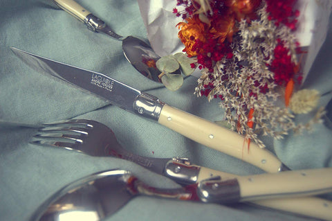 Laguiole steak knife blade close-up showing mirror finish and precision