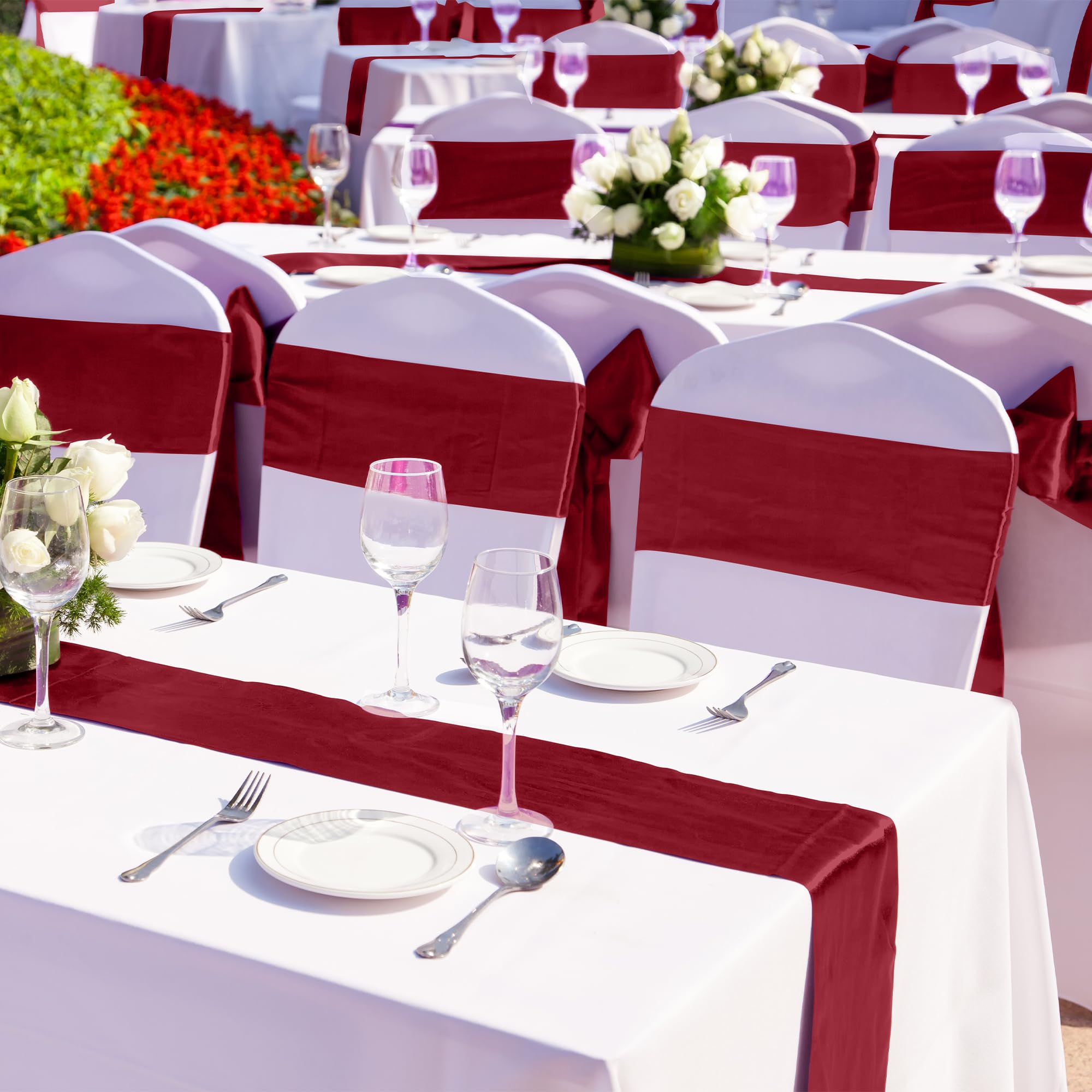 Conference table setup featuring Aneco burgundy satin table runner