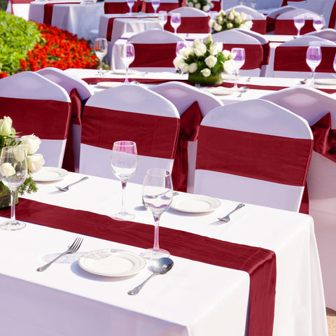 Conference table setup featuring Aneco burgundy satin table runner