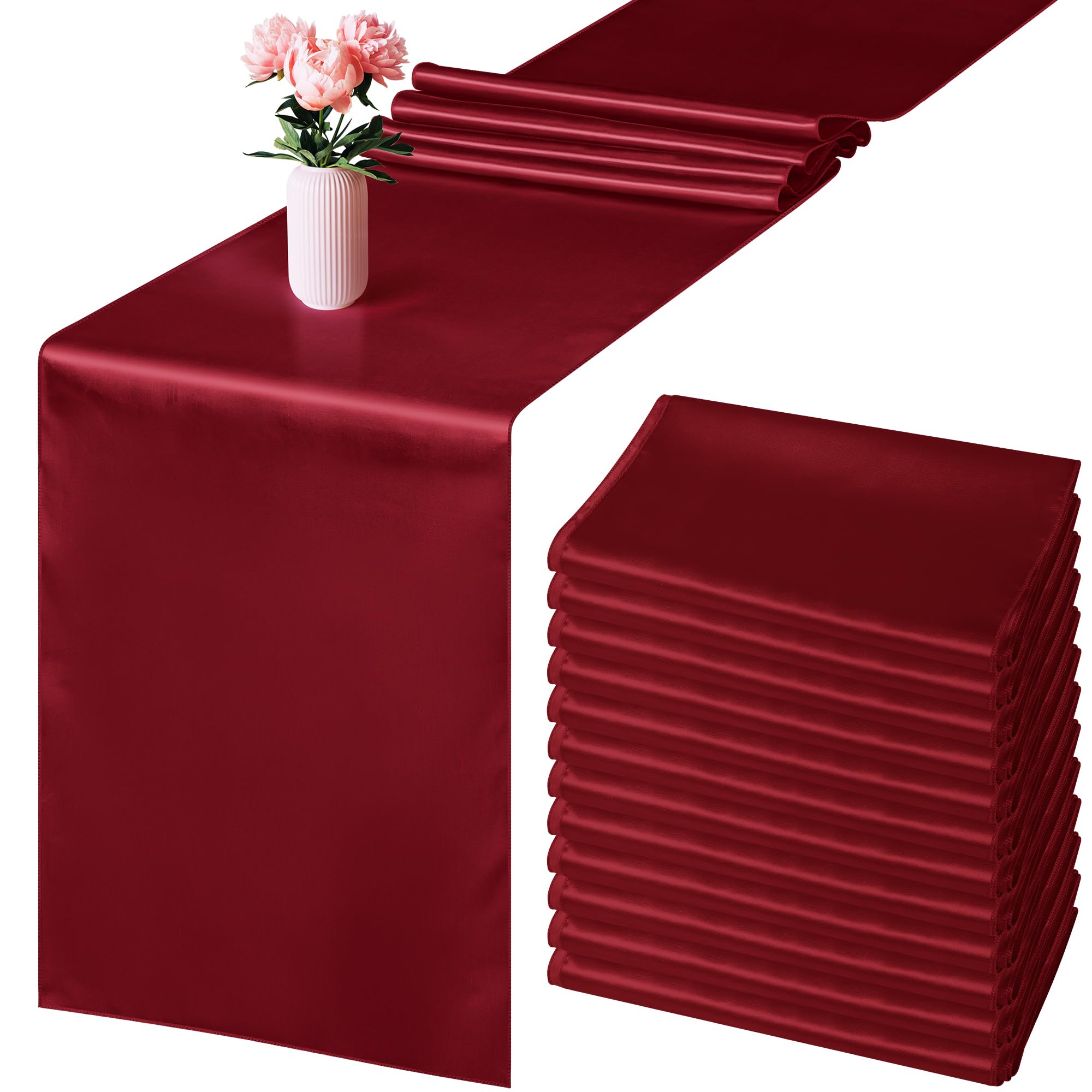 Aneco burgundy satin table runner on a banquet table, adding elegant shine