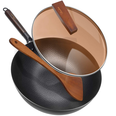 ANEDER carbon steel wok with lid and wooden spatula for versatile stir-fry prep