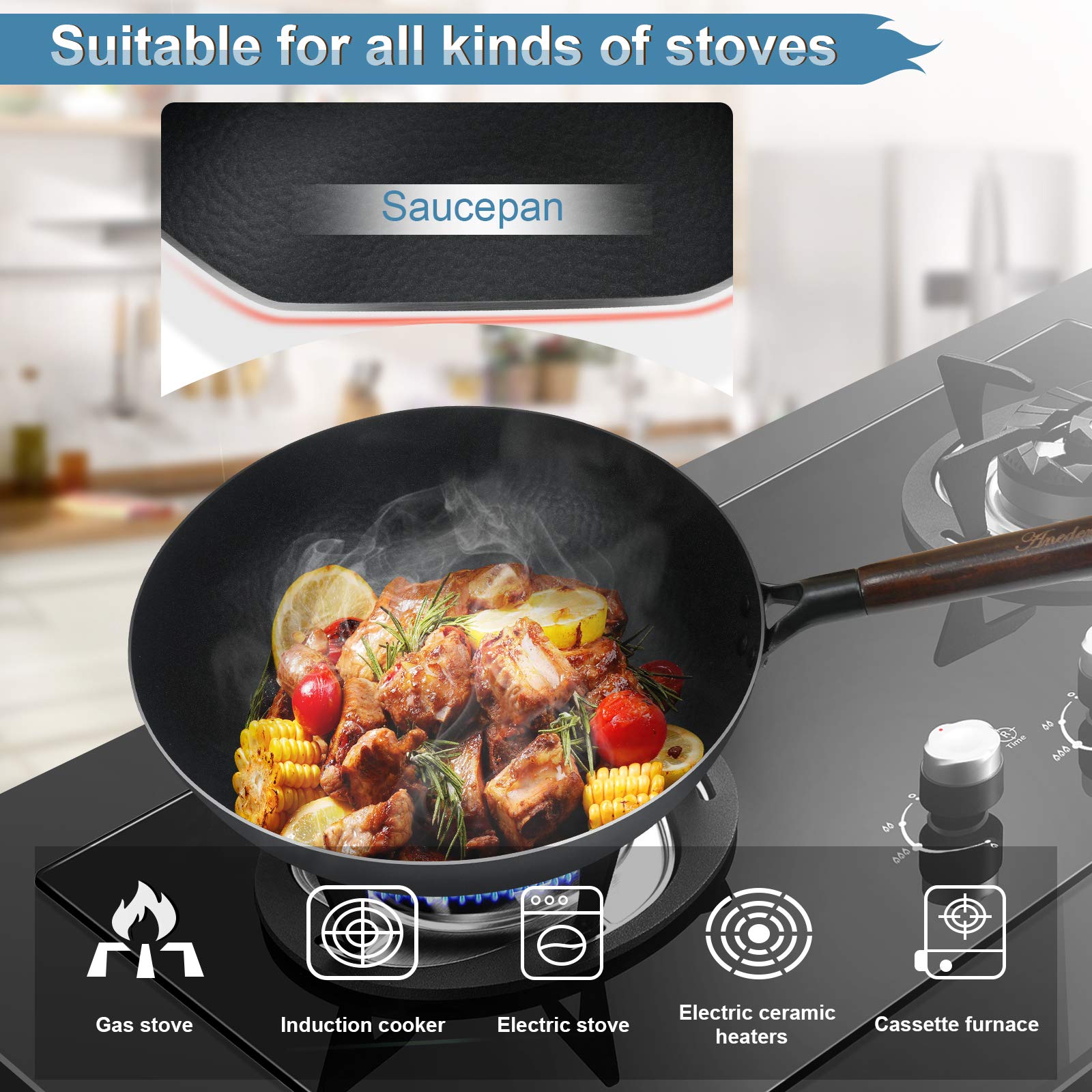 Detachable wooden handle on ANEDER wok for easy oven transfer
