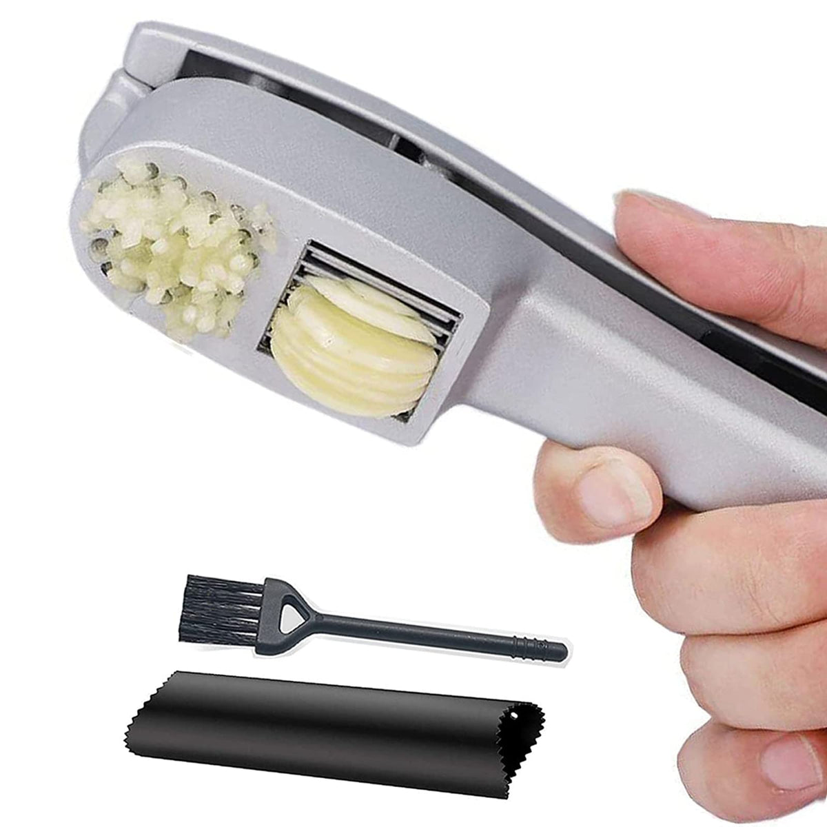 ANERONG garlic press 2-in-1 mincer and slicer in use for easy garlic prep.