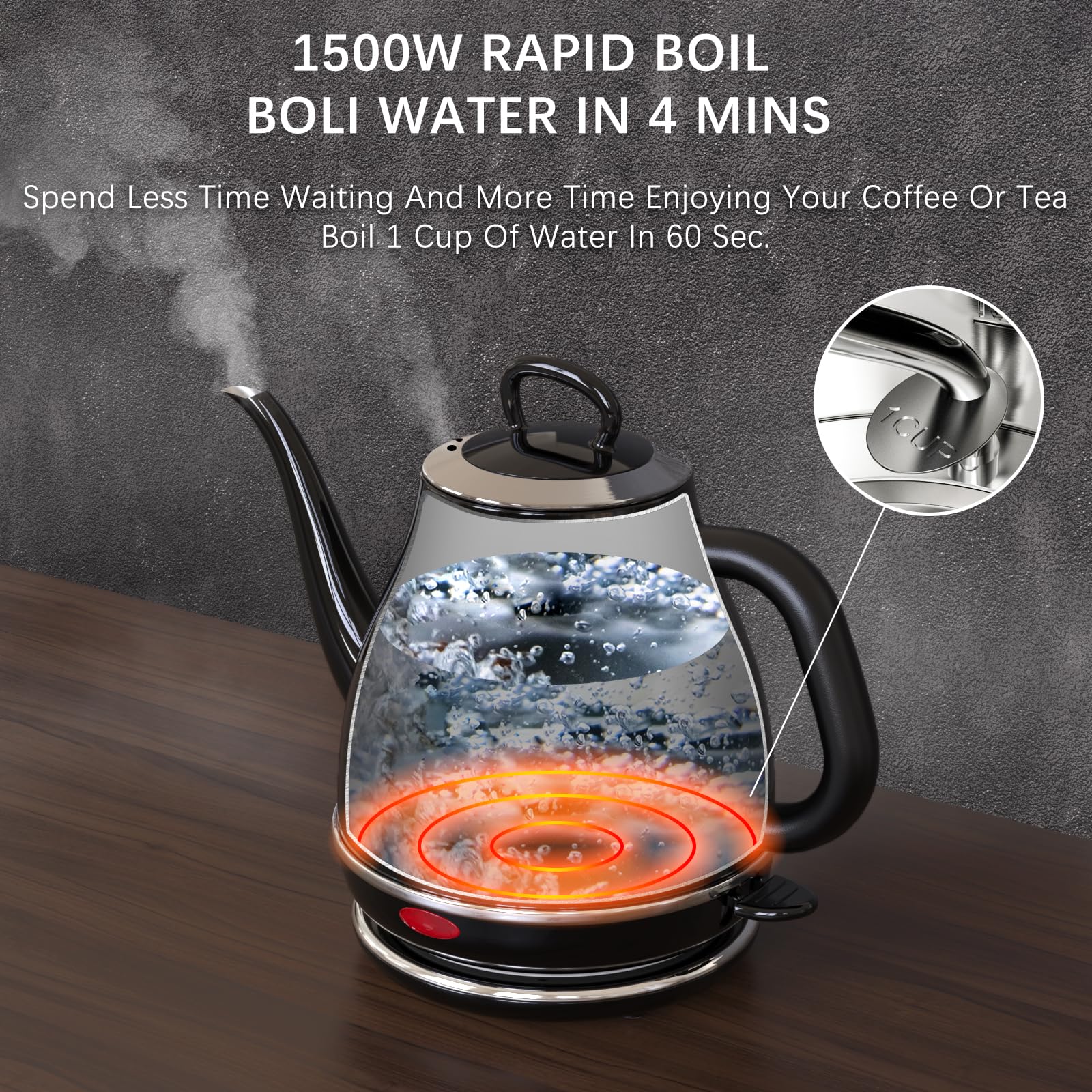 Anfilank 1L kettle interior with measurement marks for quick brew timing.