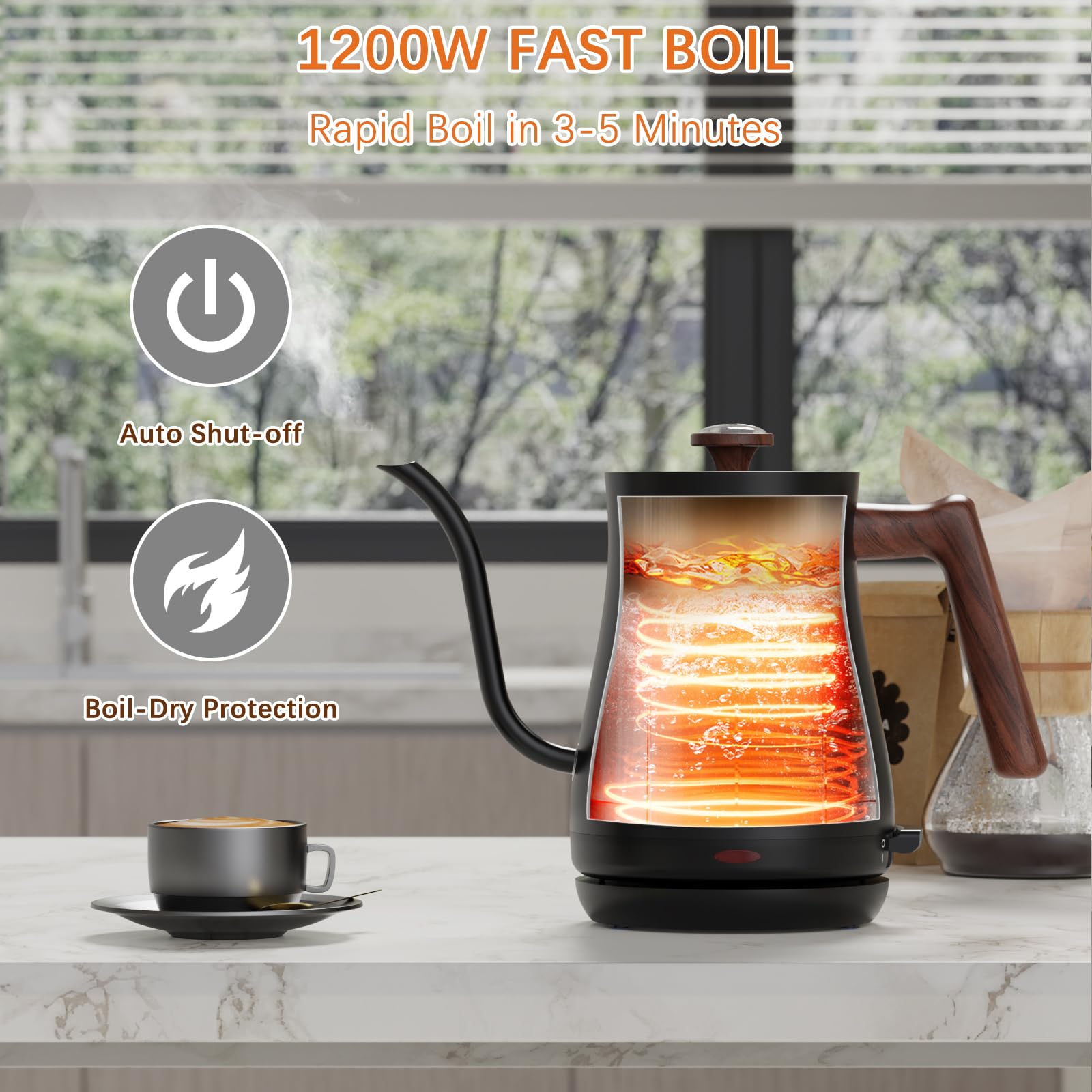 Dual safety features auto shut off and boil-dry protection