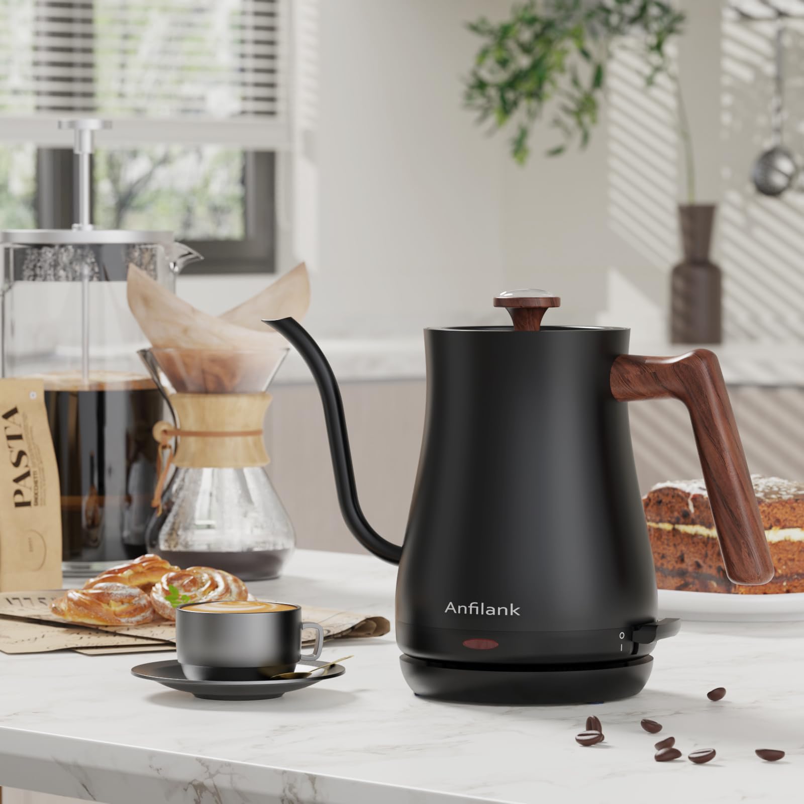 Gooseneck spout on Anfilank kettle enables controlled, steady pour