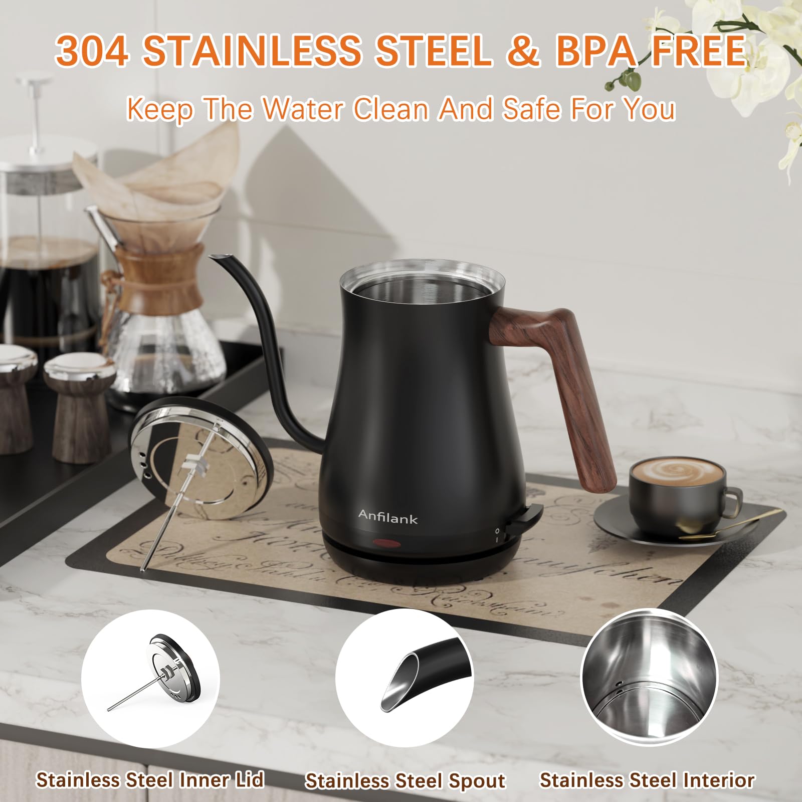 Stainless steel interior of Anfilank kettle ensures purity of water