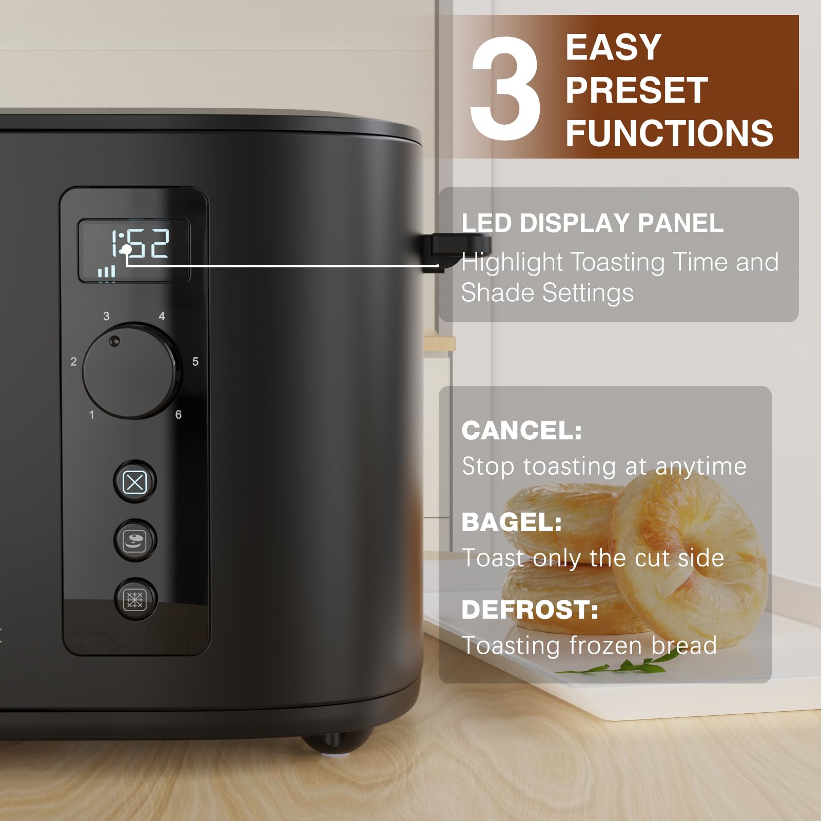 Anfilank toaster with six browning levels for customization