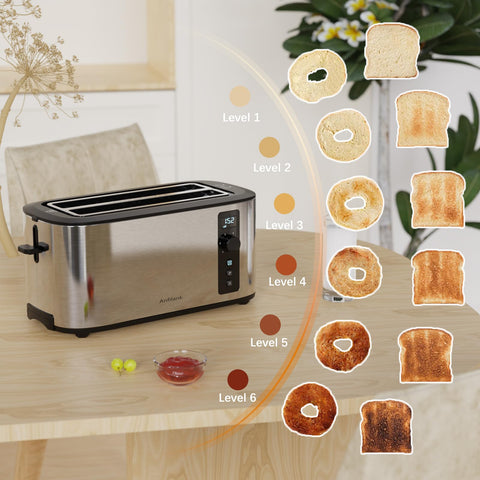 Anfilank toaster with six browning settings for tailored toasting.