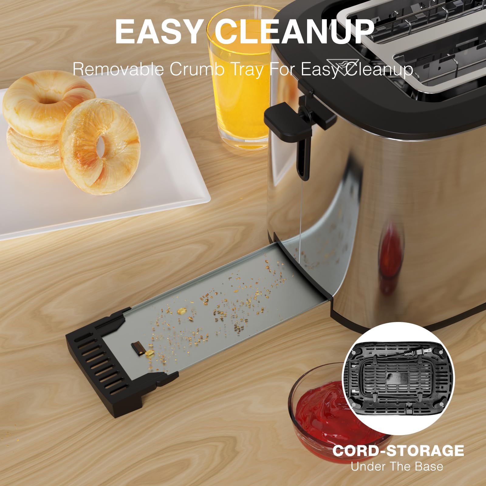 Anfilank removable crumb tray for quick, tidy cleanup.