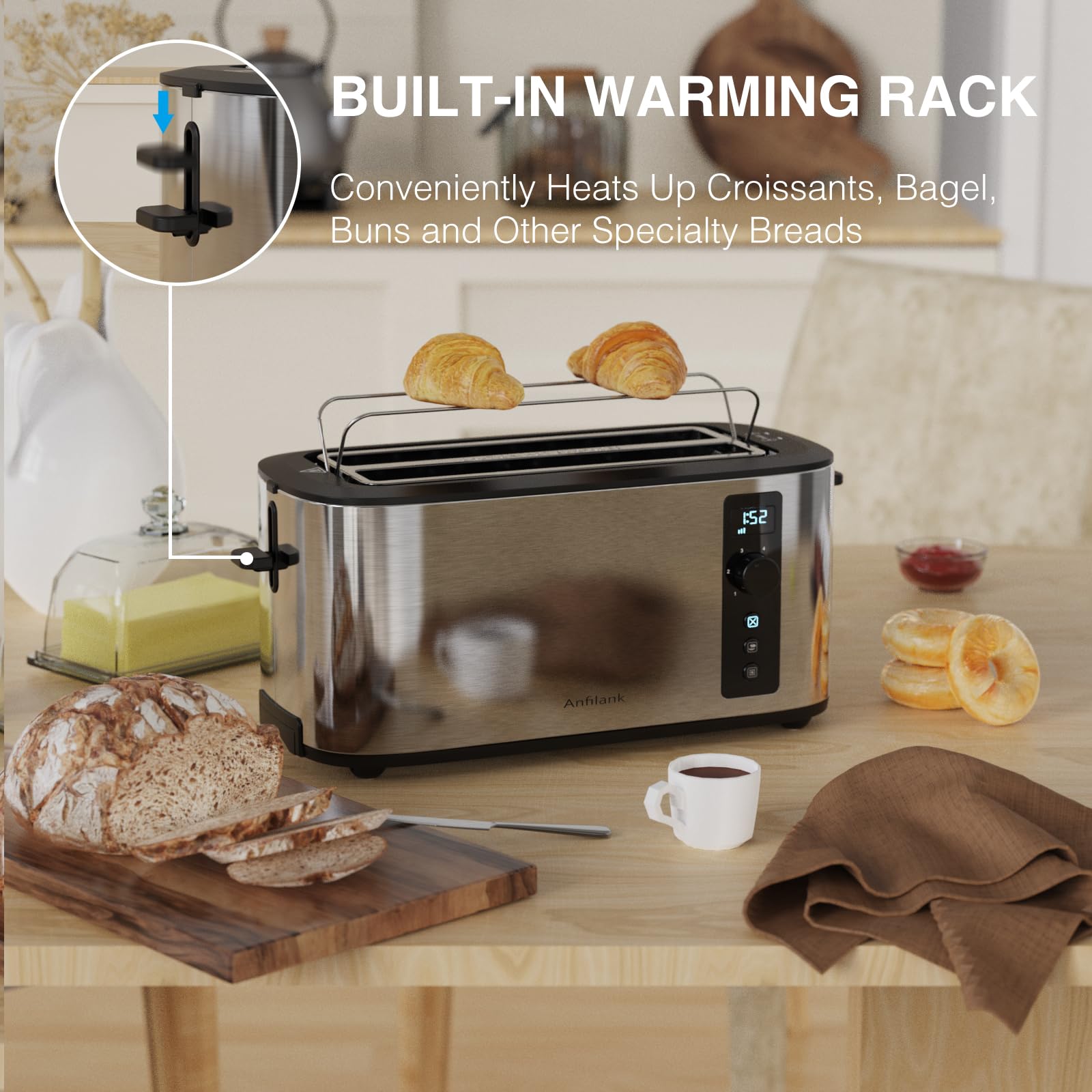 Anfilank toaster with built-in warming rack for pastries.