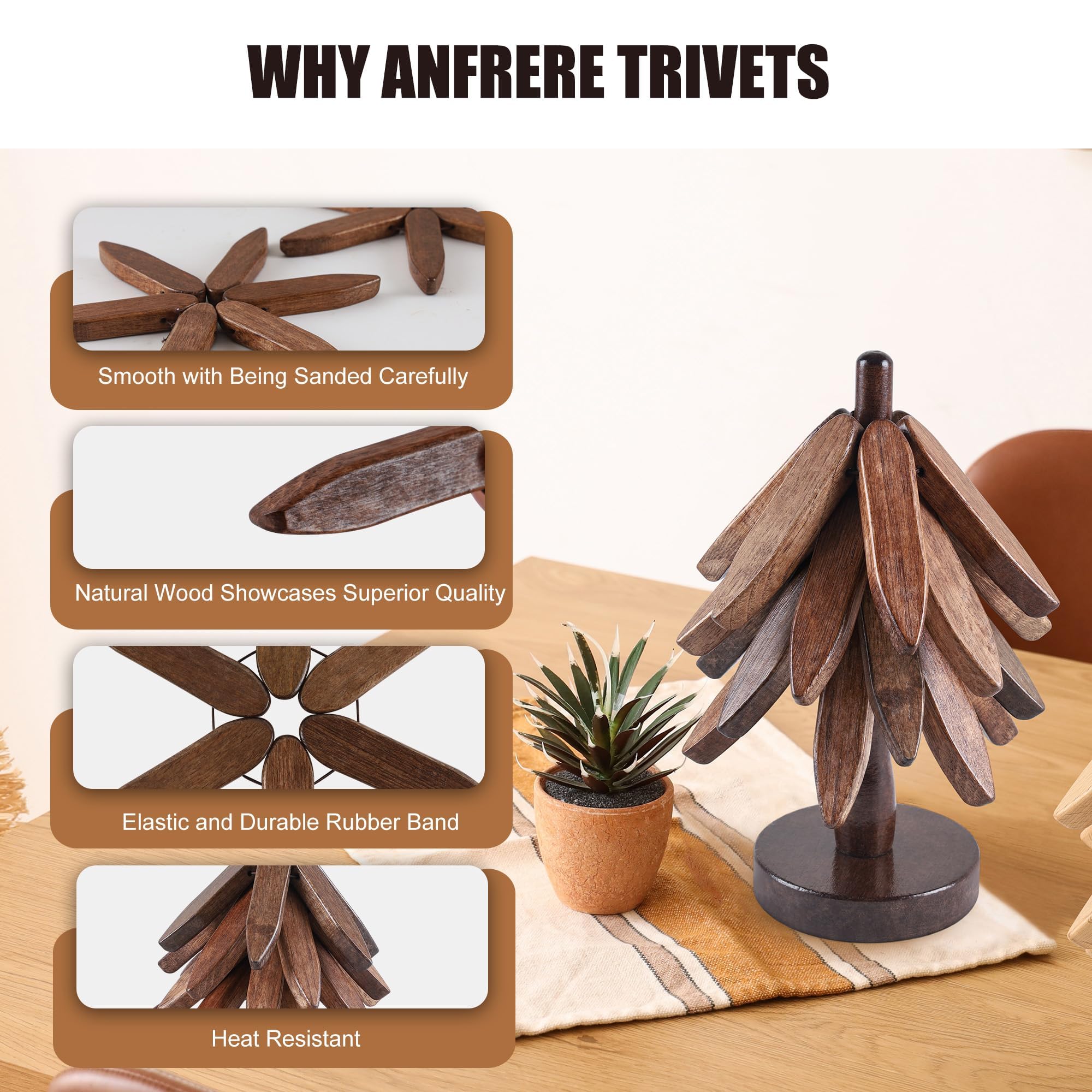 Anfrere tree-shaped trivet on glass table provides stylish heat protection.